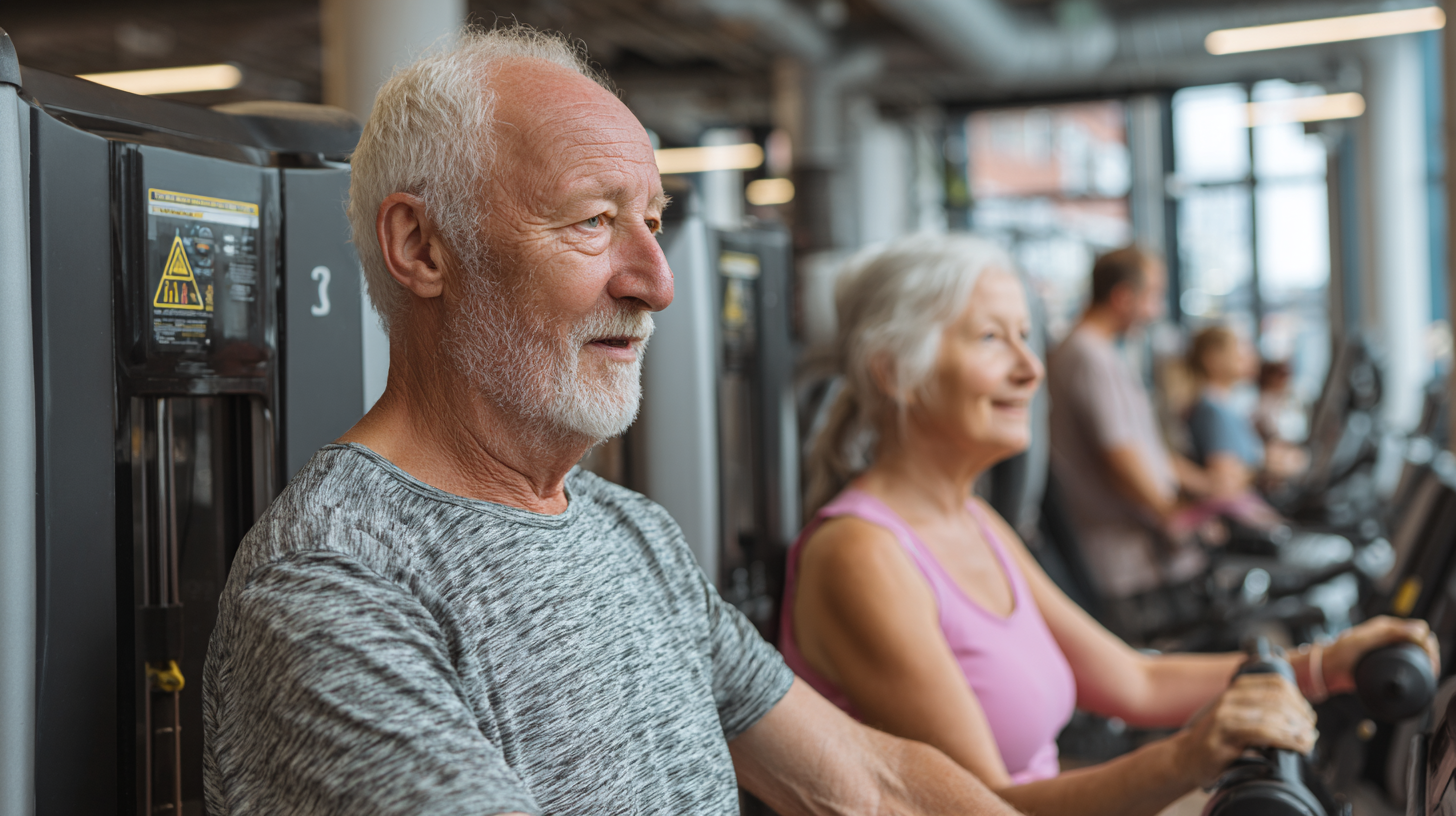 Активні старші люди займаються фітнесом з використанням сучасних технологій